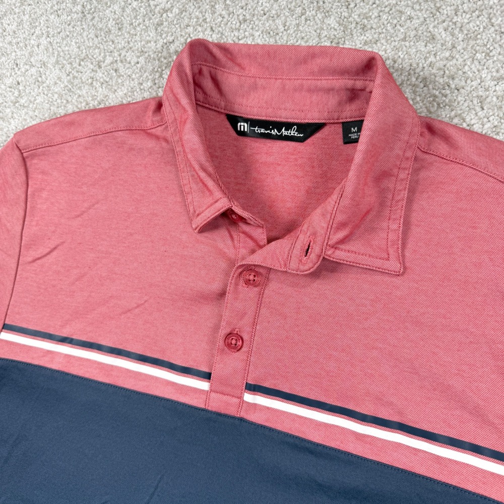 Travis Mathew Polo Shirt Mens Medium Red Navy Color block Striped Short‎ Sleeve